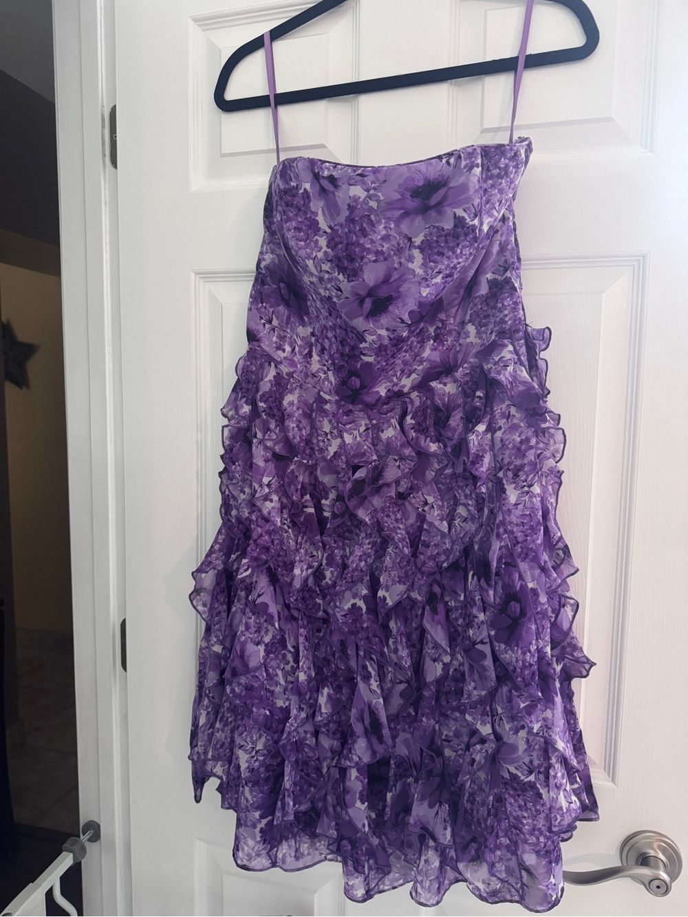 White House Black Market strapless Purple Floral Ruffle Dress size 12
